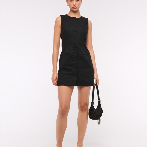 Abercrombie & Fitch Black Button-Front Linen-Blend Mara Mini Dress A&F 662670732 - Picture 2 of 7